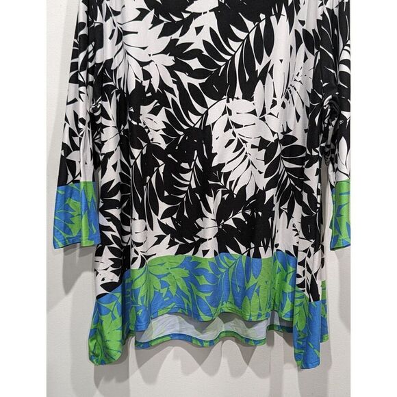 Ruby Rd Black & White Tropical Print Neon Trim 3/4 Sleeve V Neck Tunic Top, 3X - Picture 7 of 11